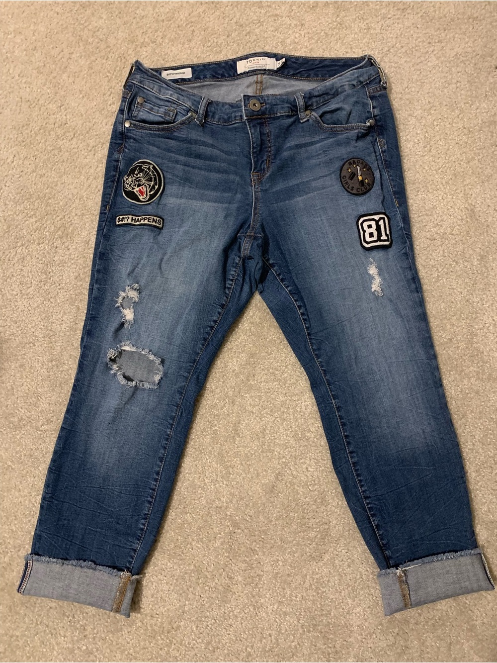 torrid Blue Distressed Boyfriend Jeans with Patch Patches